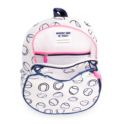 Inside view of white kids tennis backpack with a navy tennis ball repeating pattern. Bag have navy trim and hot pink zippers.