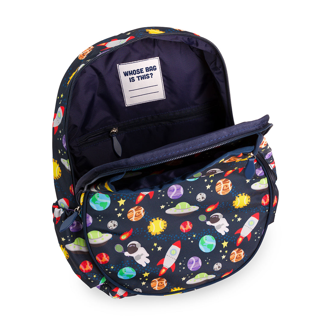 Inside view of navy kids tennis backpack with space themed icons such as planets, spaceships, ufos and tennis balls.