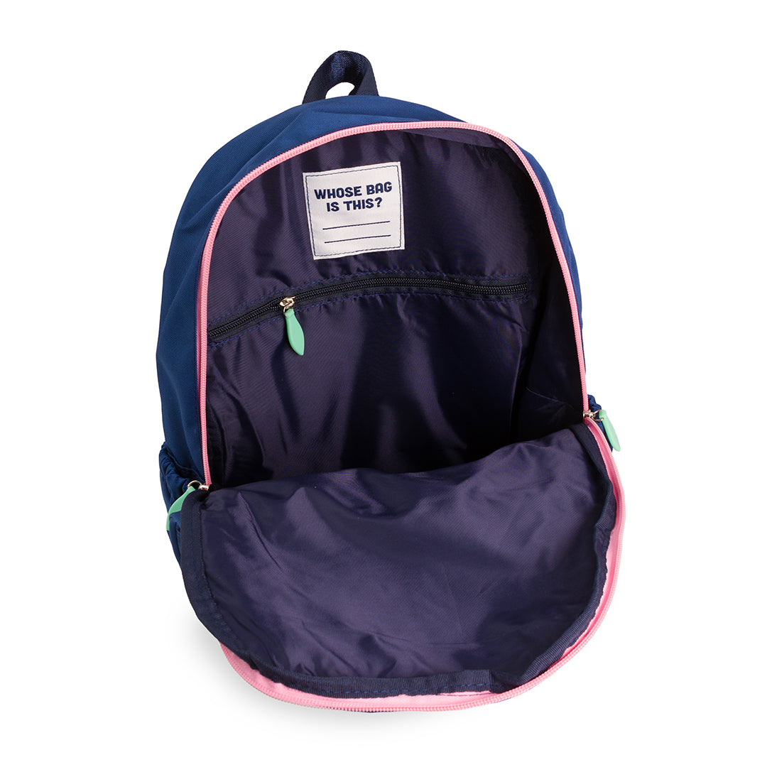 Inside view of navy tennis backpack shows navy interior