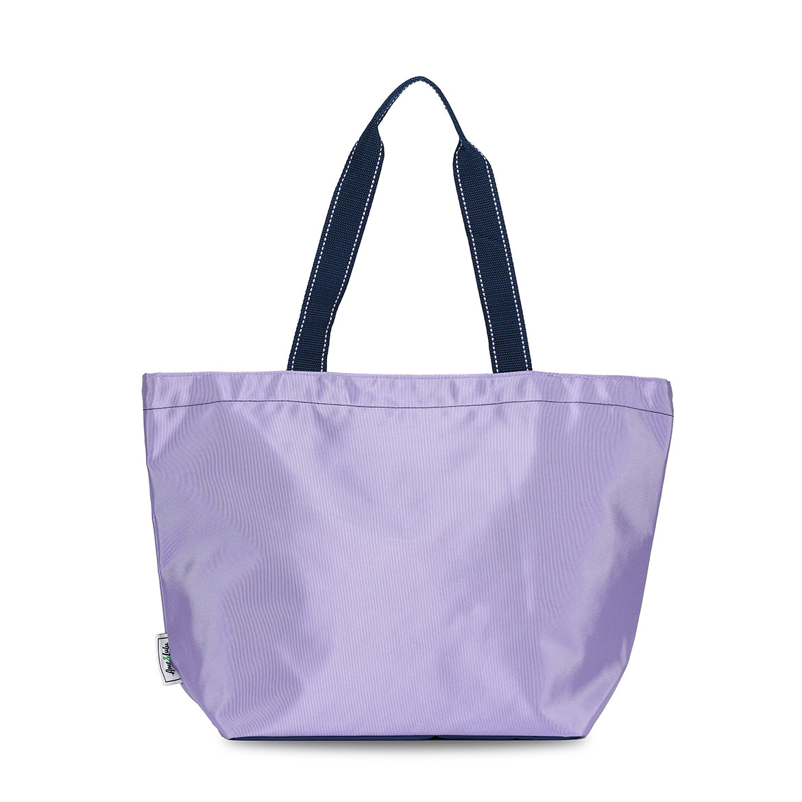 lavender nylon tote bag with navy straps