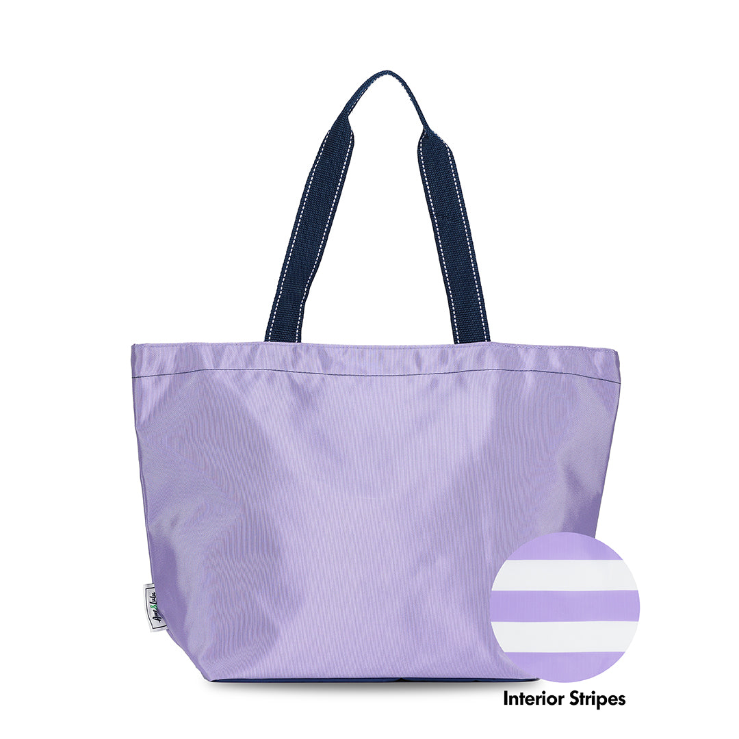lavender nylon tote bag with navy straps with a swatch next to it that shows it has lavender and white stripes on the interior