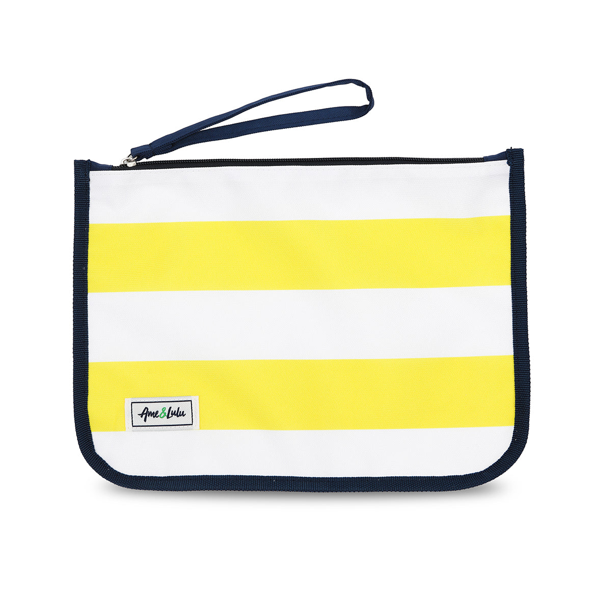 yellow and white striped nylon zip pouch with wrist strap