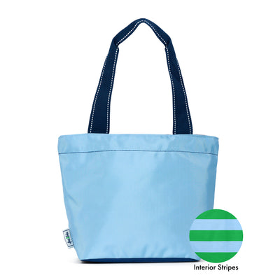 view of light blue mini surfside tote with navy straps
