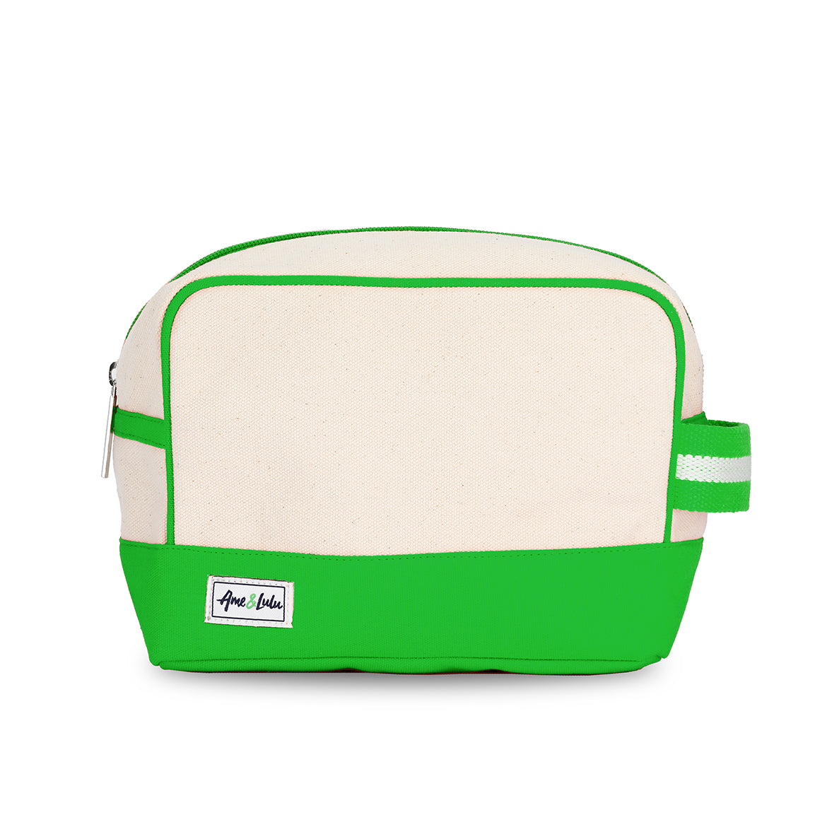 natural canvas beauty bag with white and green cotton webbing loop on the side