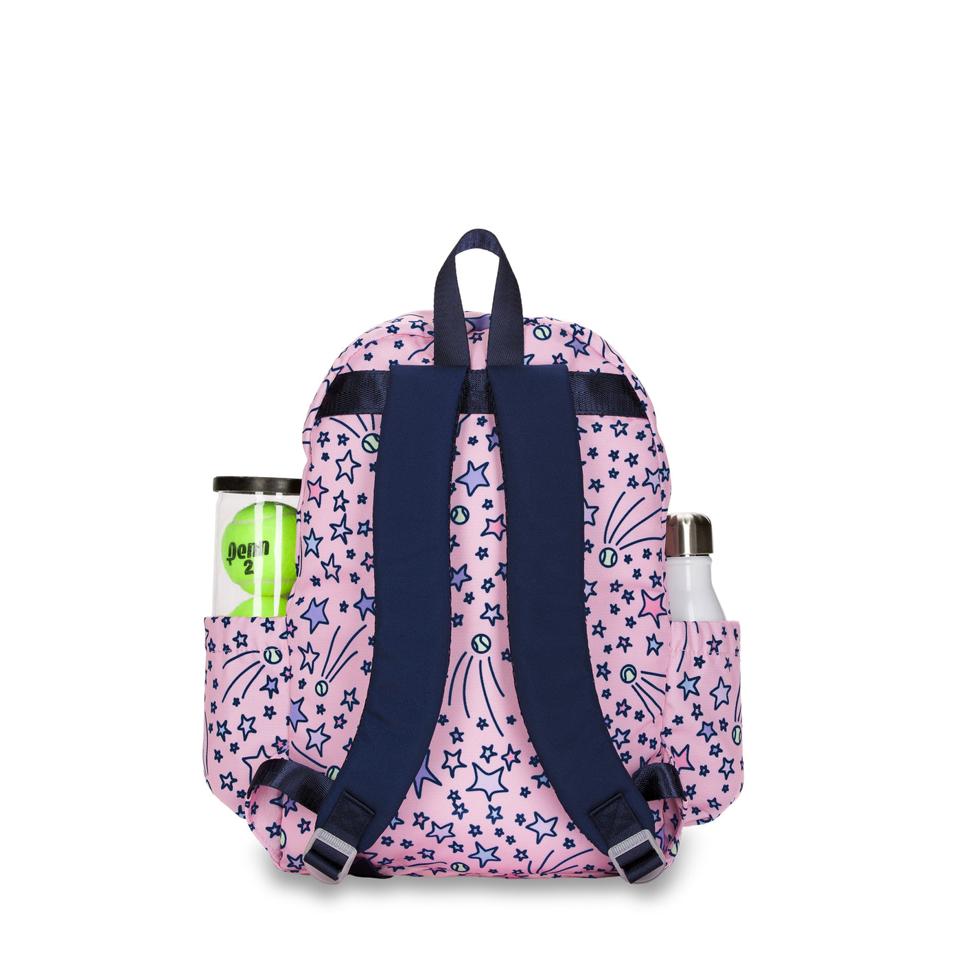 Back view of a light pink kids tennis backpack with pink and purple shooting stars and tennis balls on bag.