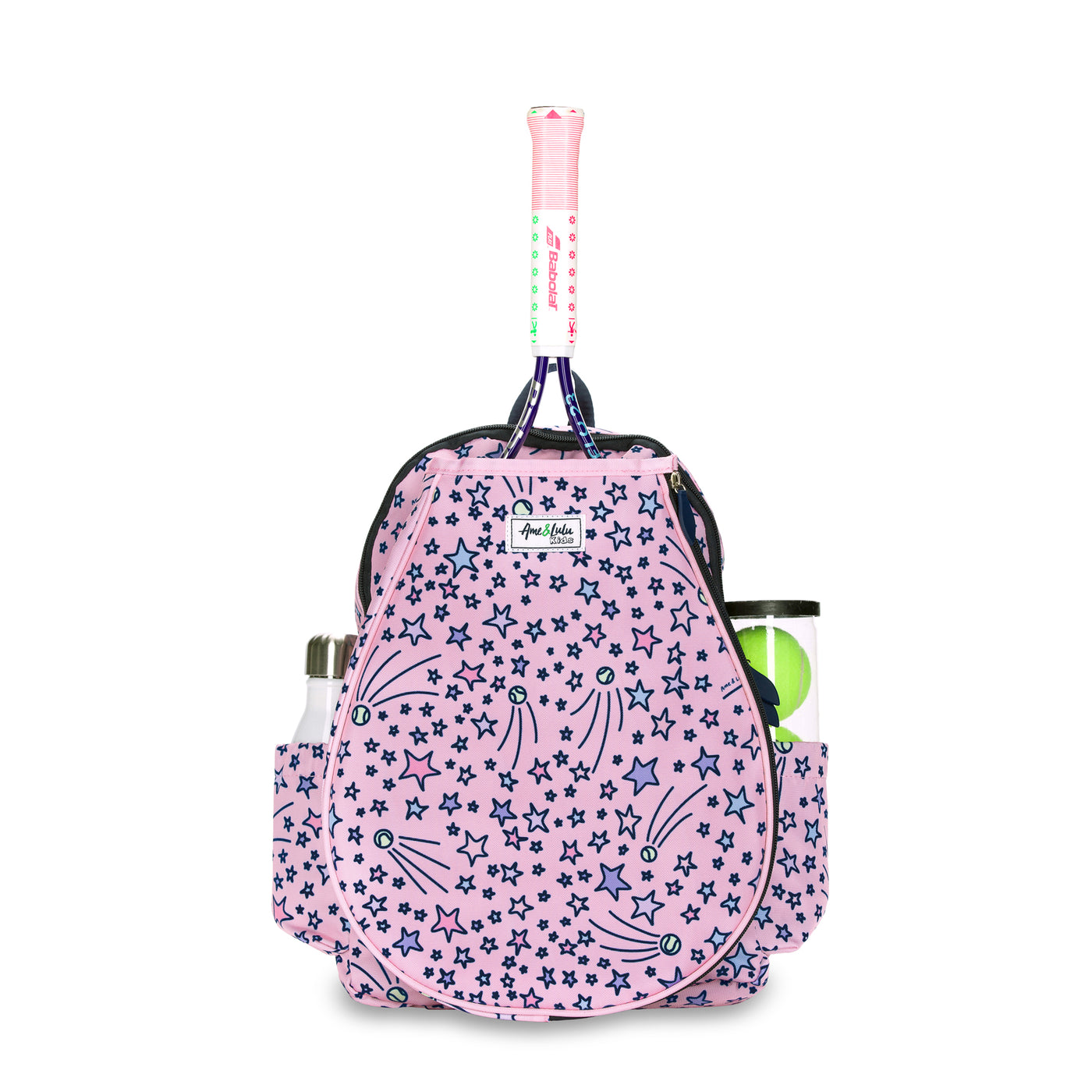 Front view of a light pink kids tennis backpack with pink and purple shooting stars and tennis balls on bag.
