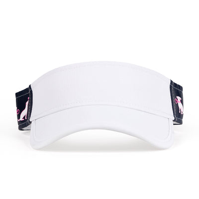 Front view of navy kids visor with white and pink puppies playing tennis on the sides.