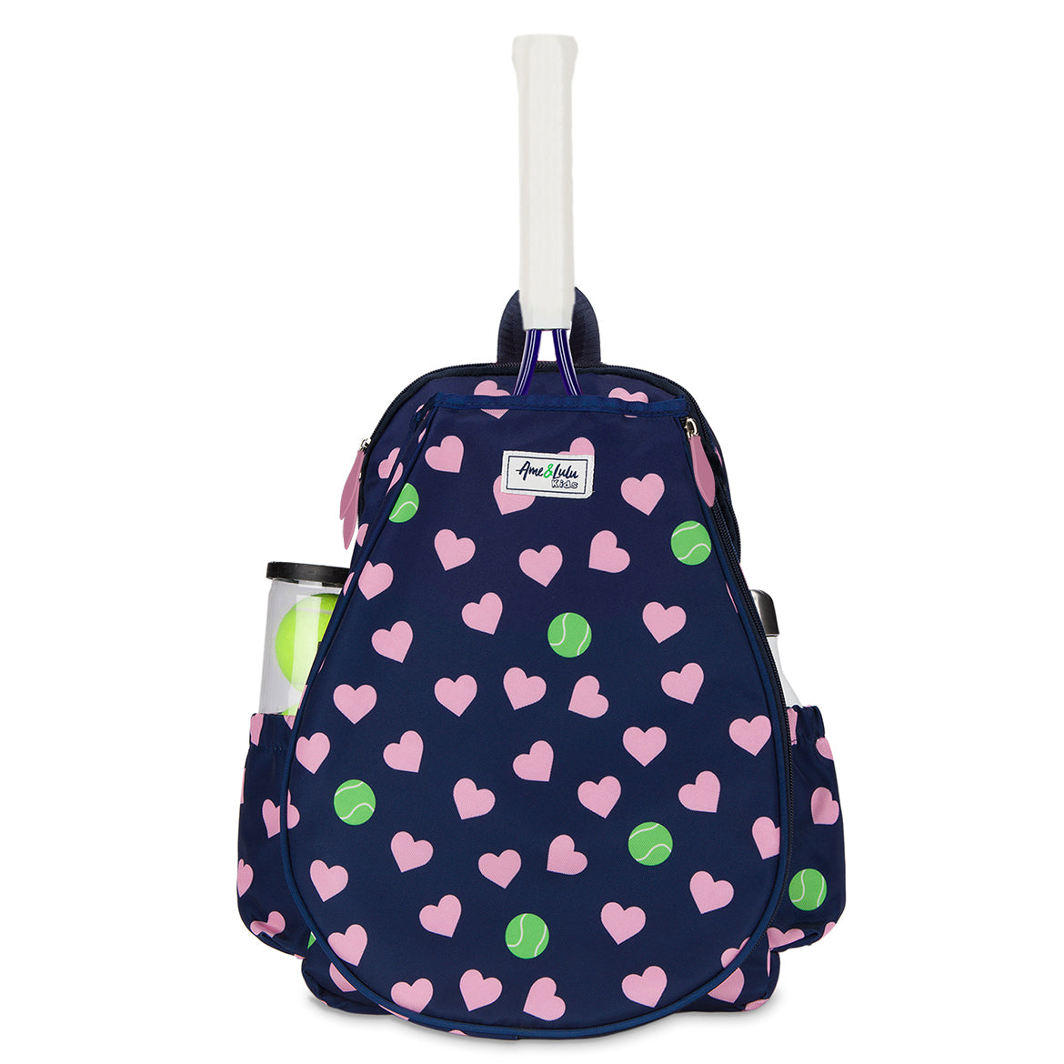 Front view of navy kids tennis backpack with pink hearts and green tennis ball pattern.
