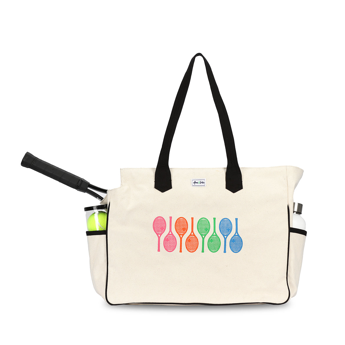 Front view of love all court bag. Large canvas tennis bag with tennis racquet inside and side pocket holding water bottle and tennis balls. Front has rainbow tennis racquets printed across it.
