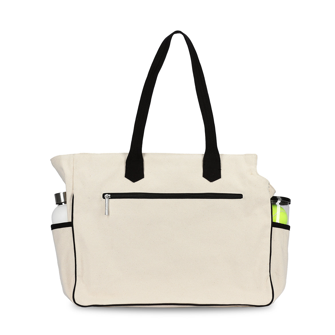 Back view of Love all court bag. Canvas bag with navy zipper and navy straps. Side pockets are holding a water bottle and tennis balls.