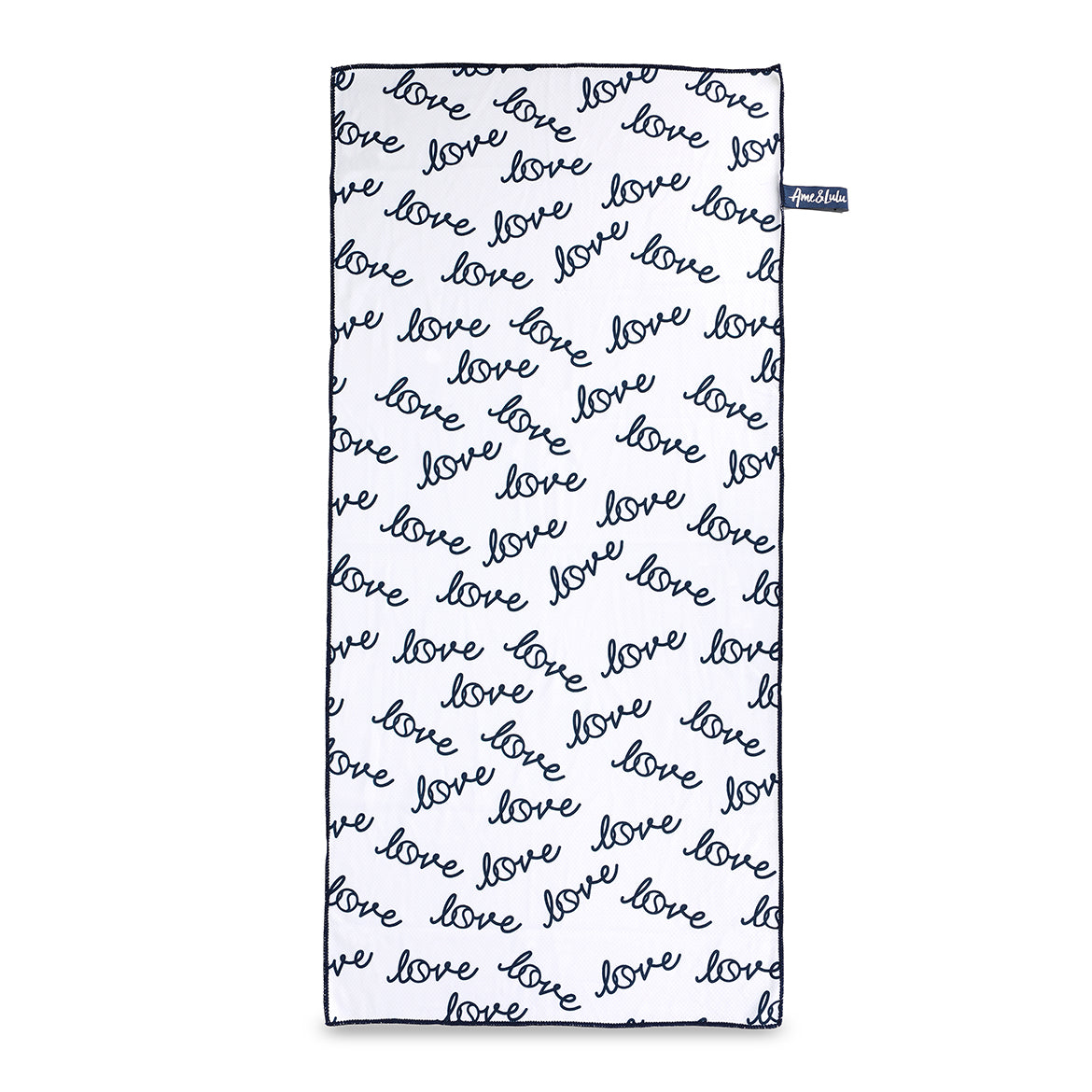 rectangular white towel with repeating pattern of the word love in a cursive font