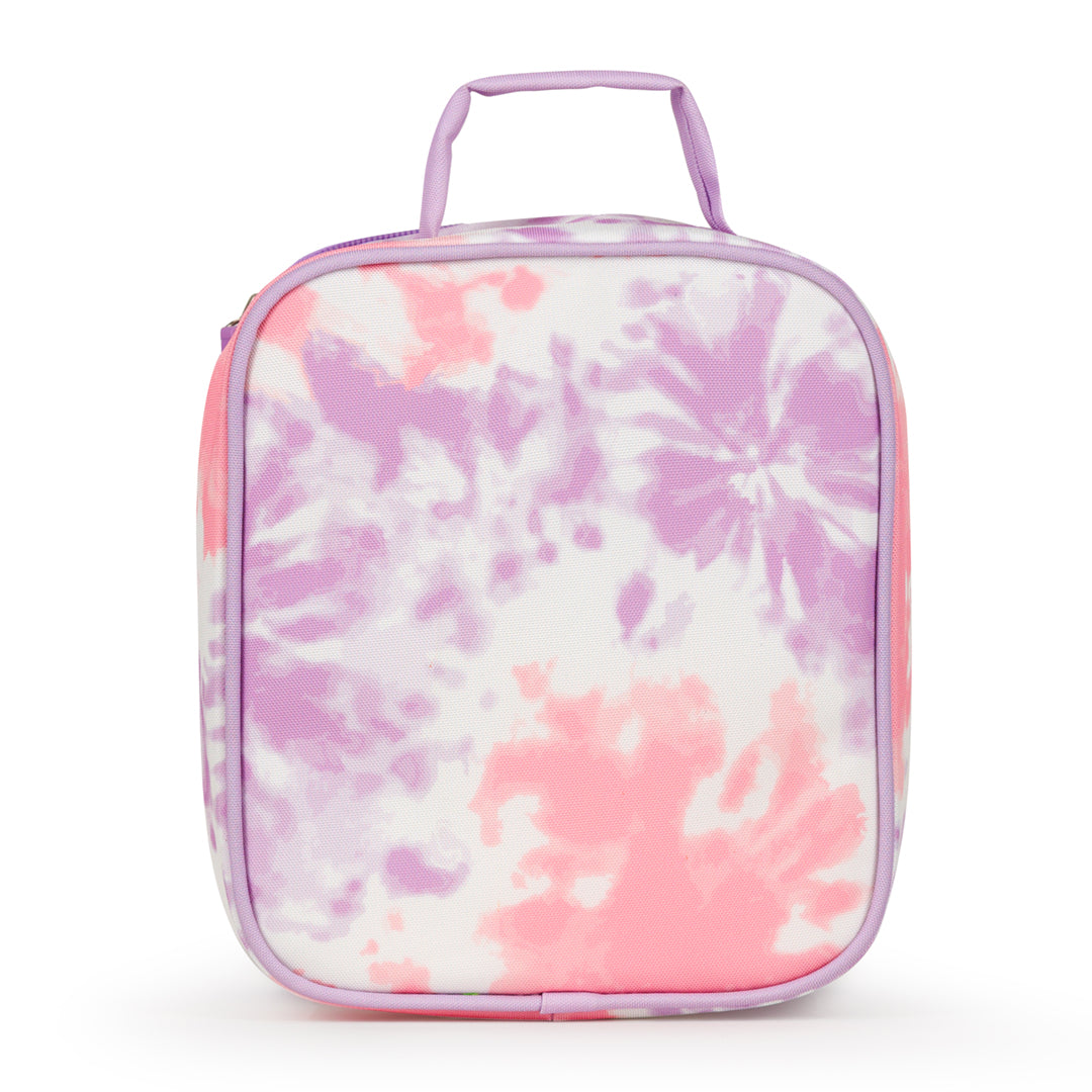 back view of pink and purple tie dye kids lunch box