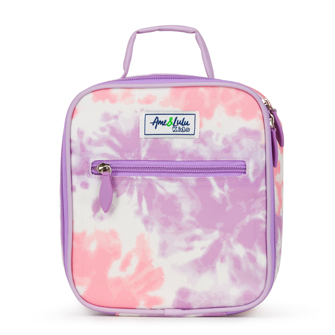 front view of pink and purple tie dye kids lunch box