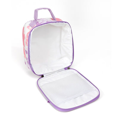 interior view of pink and purple tie dye kids lunch box