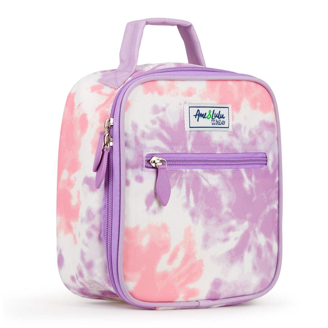side view of pink and purple tie dye kids lunch box