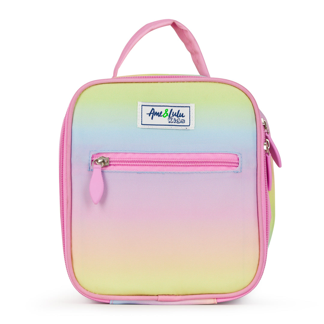 Front view of pastel rainbow ombre kids lunch box