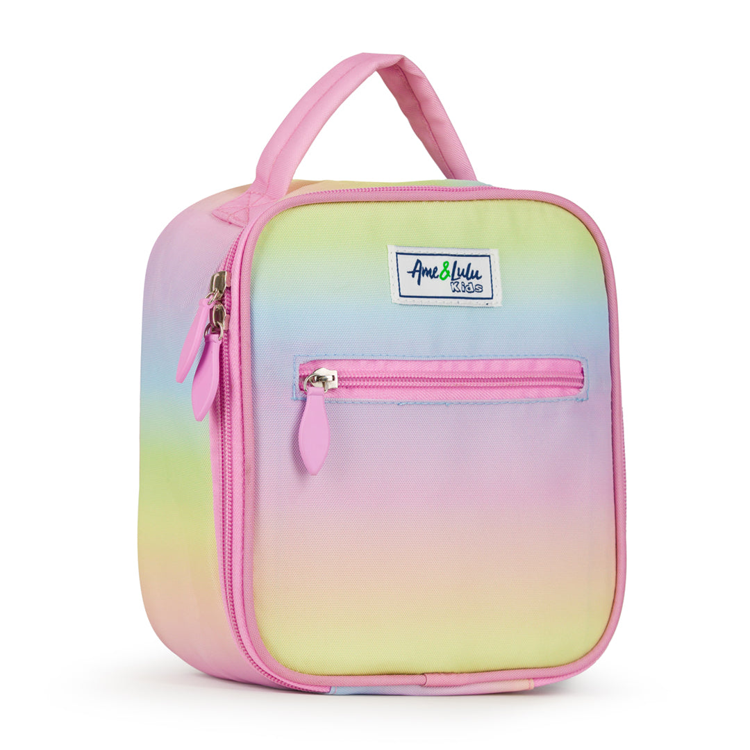 Side view of pastel rainbow ombre kids lunch box