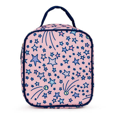 back view of light pink with shooting star and tennis ball pattern kids lunch box