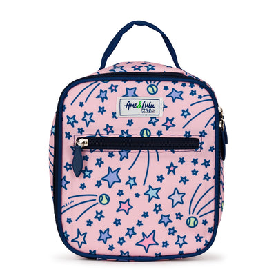 front view of light pink with shooting star and tennis ball pattern kids lunch box