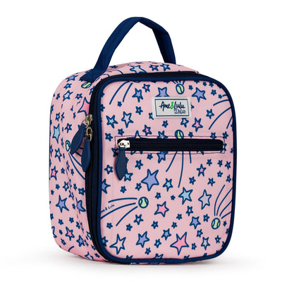 side view of light pink with shooting star and tennis ball pattern kids lunch box