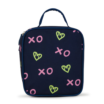 back view of navy kids lunch box with green heart shaped tennis ball pattern