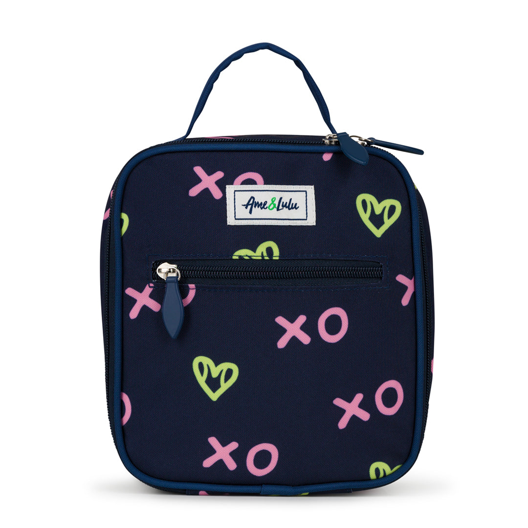 front view of navy kids lunch box with green heart shaped tennis ball pattern