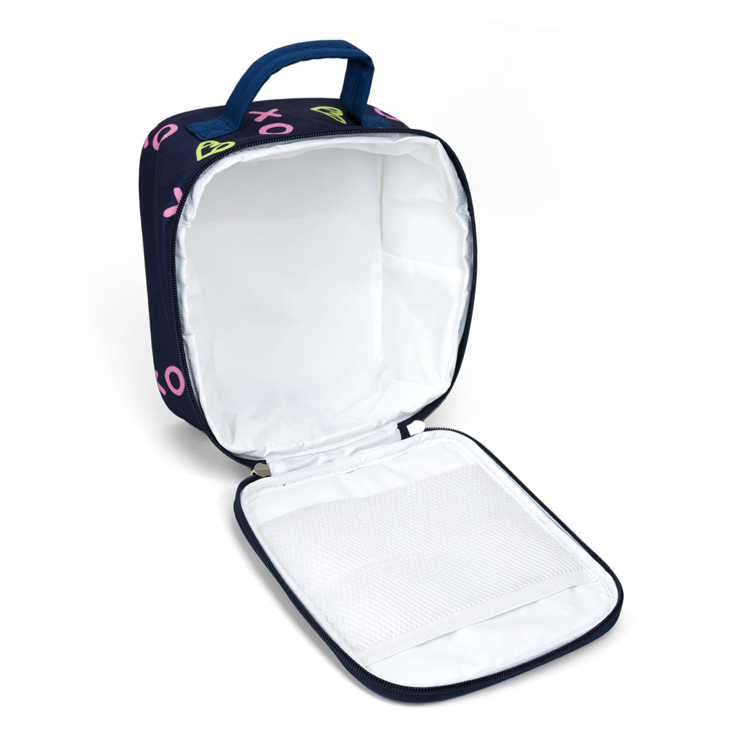 interior view of navy kids lunch box with green heart shaped tennis ball pattern