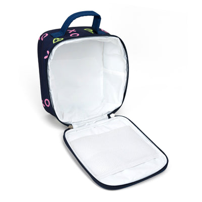 interior view of navy kids lunch box with green heart shaped tennis ball pattern