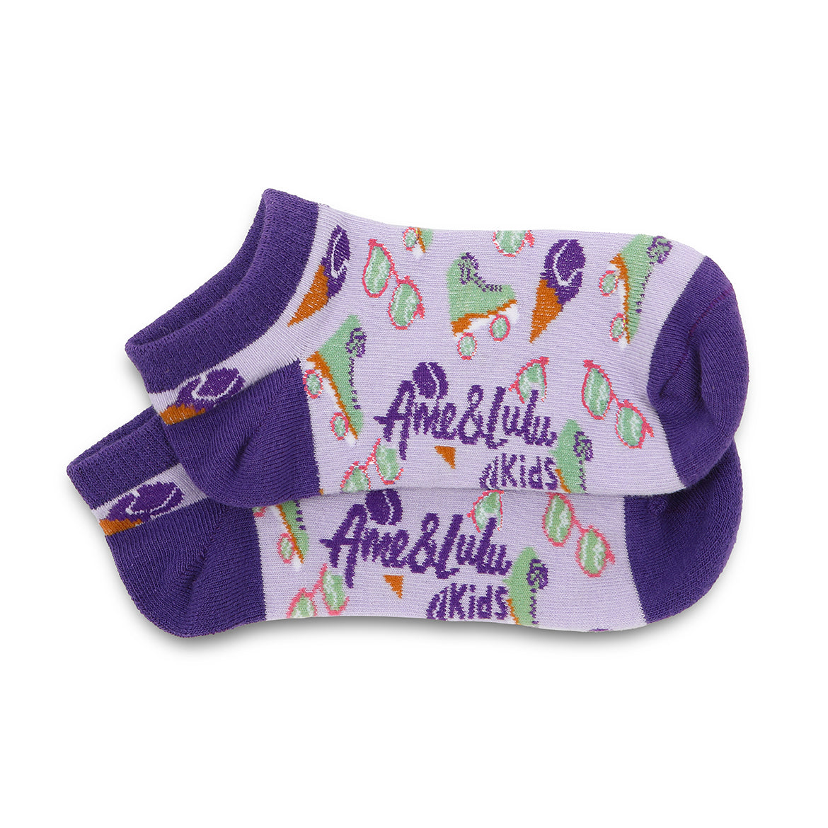pair of purple kids socks with dark purple heel and toes with roller skates, ice cream and sunglasses stitched on socks