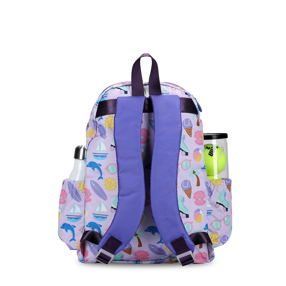 Back view of purple kids tennis backpack. Backpack is covered in beach themed icons such as surfboard, boats, beach ball and palm trees.