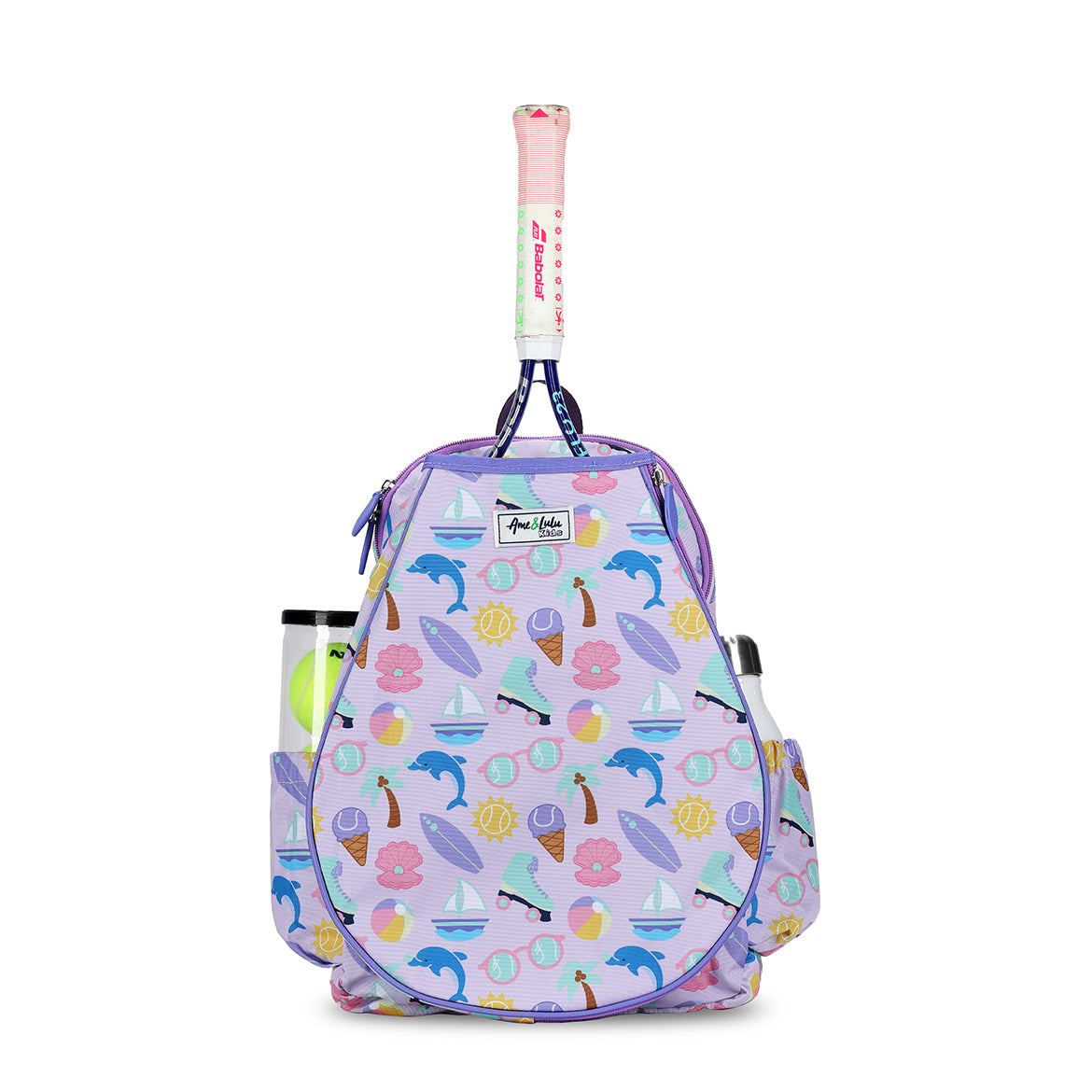 Front view of purple kids tennis backpack. Backpack is covered in beach themed icons such as surfboard, boats, beach ball and palm trees.
