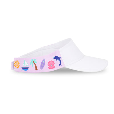 Side view of purple kids visor with boat, sun, palm tree, surfboard, shell and dolphin printed on sides.