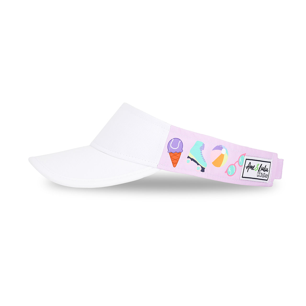 Side view of purple kids visor with ice cream, roller skate, beach ball and sunglasses printed on sides.