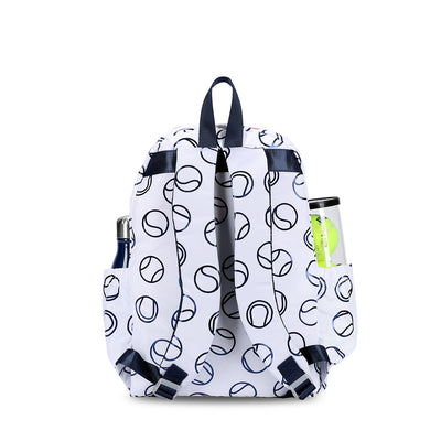 Back view of white kids tennis backpack with a navy tennis ball repeating pattern. Bag have navy trim and hot pink zippers.