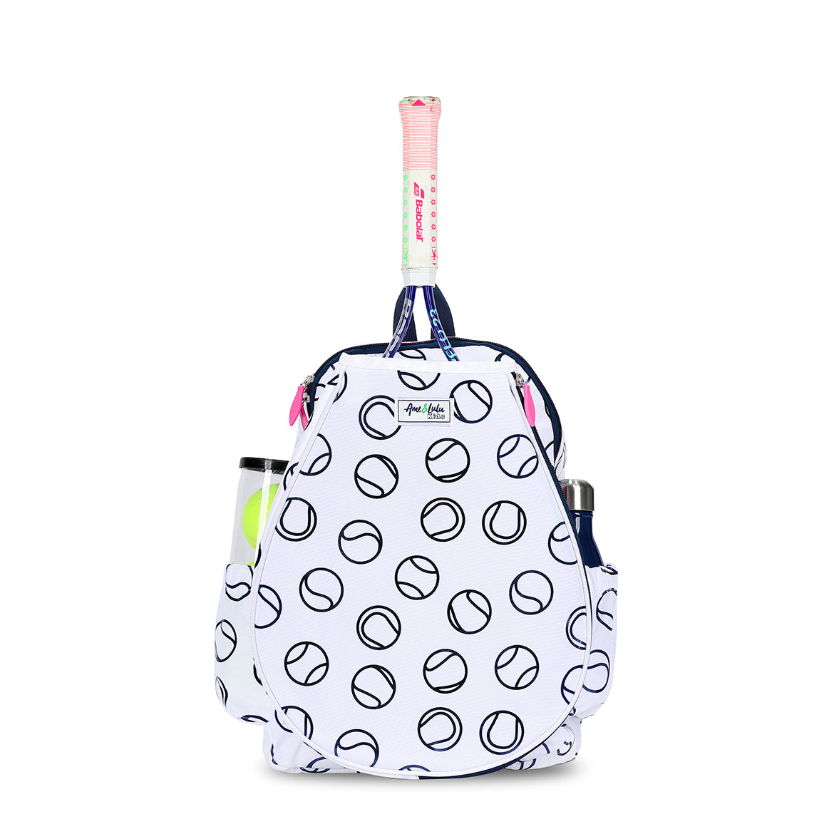 Front view of white kids tennis backpack with a navy tennis ball repeating pattern. Bag have navy trim and hot pink zippers.