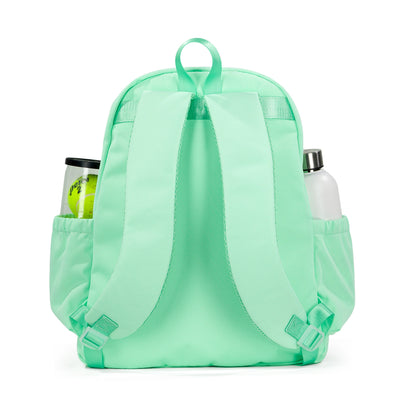Back view of mint green game time tennis backpack with a water bottle and tennis balls in side pockets. 