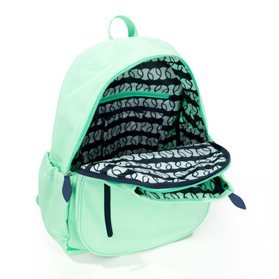 Inside view of mint green tennis backpack showing inside navy and white tennis ball repeating pattern.