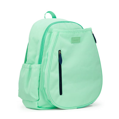 Side view of mint green game time tennis backpack with navy zipper on front pocket.