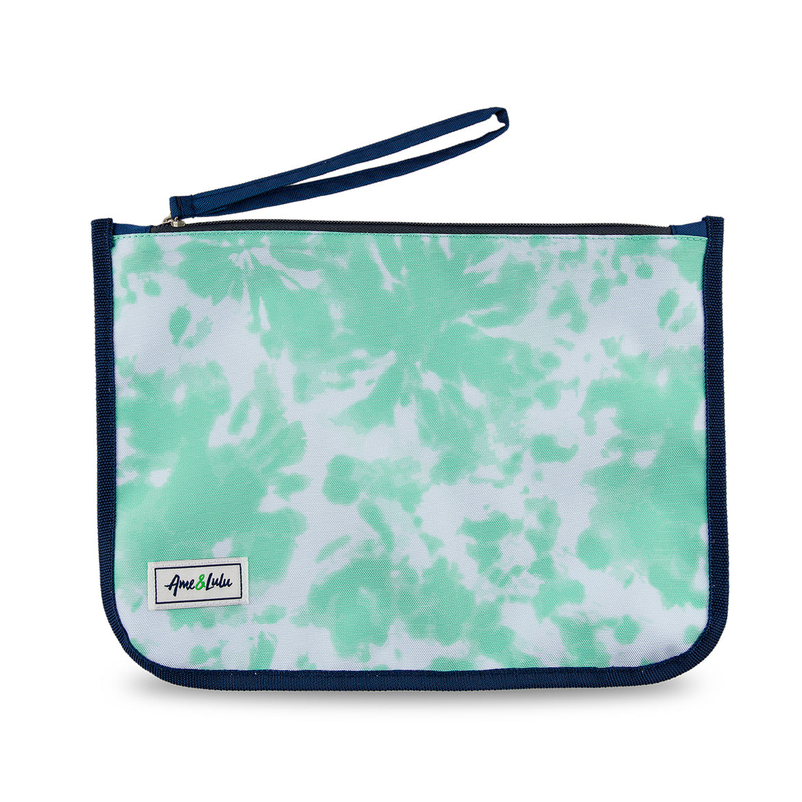 mint green and white tie dye nylon zip pouch with wrist strap