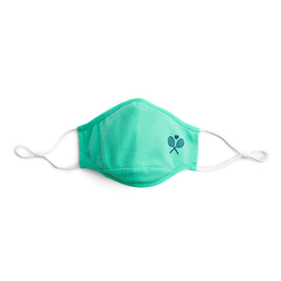 teal face mask with navy crossed racquets printed on one side