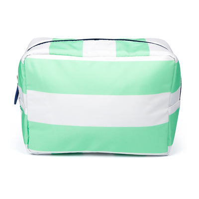 front view of mint and white striped nylon pouch