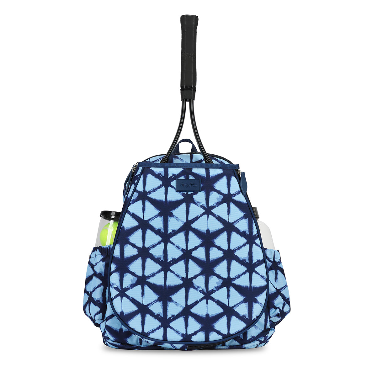 Front view on navy and blue shibori tie dye pattern tennis backpack.