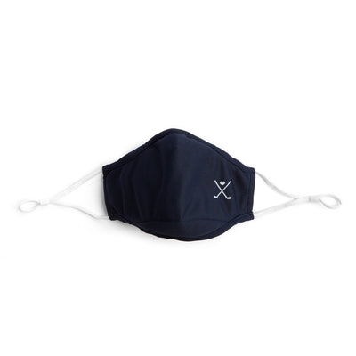 navy face mask with white crossed golf clubs printed on one side