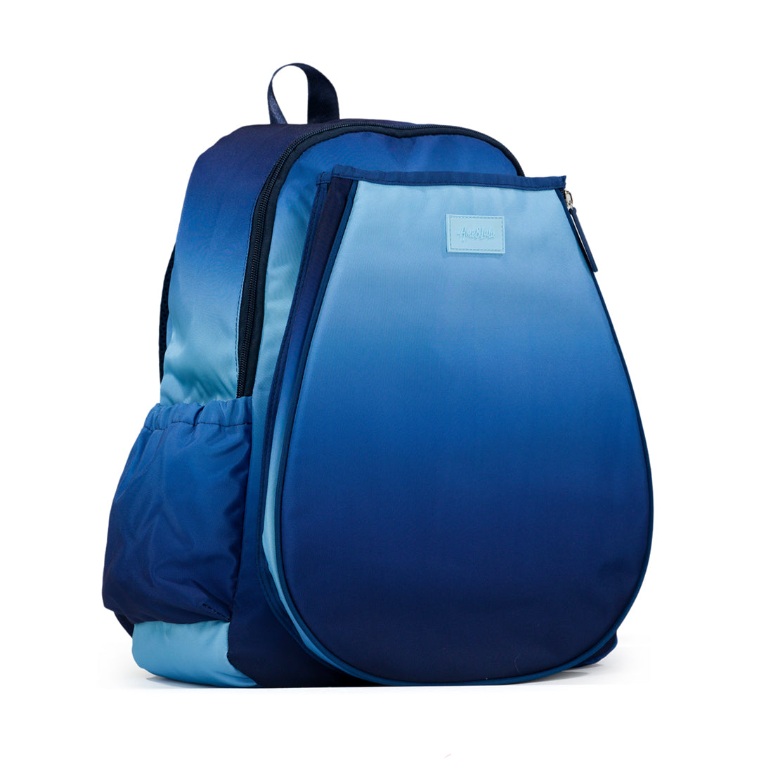 Side view of navy and blue ombre game on tennis backpack.