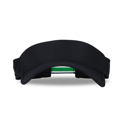 Front view of navy visor with white, navy and green striped adjustable strap on the back.