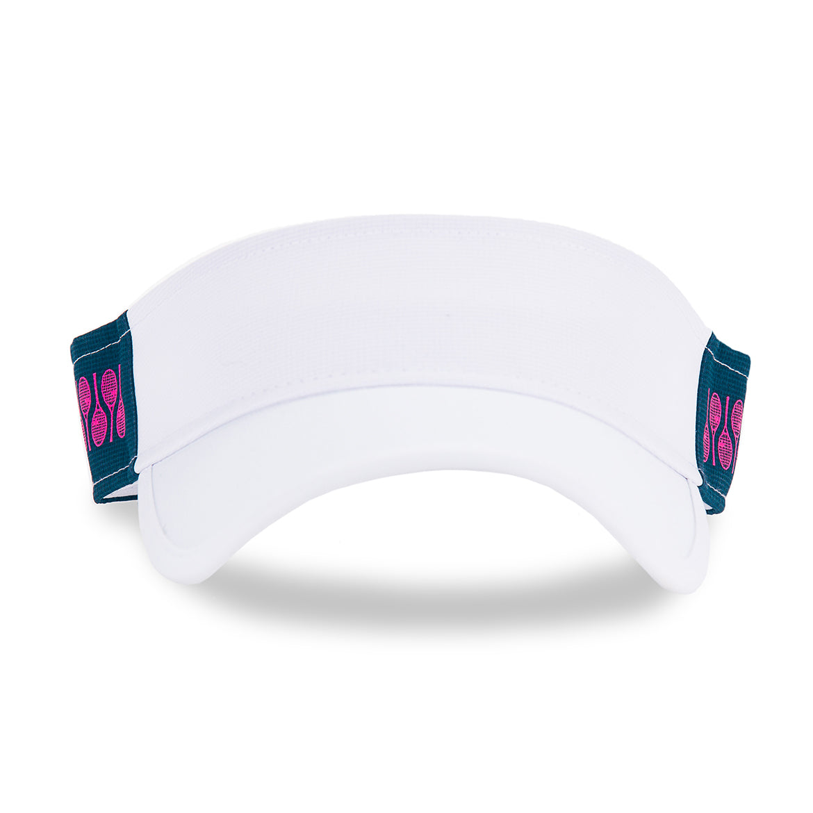 front view of Navy Pink Racquets Head in the game visor. Front of visor is white and the sides are navy with hot pink racquets printed on the navy.