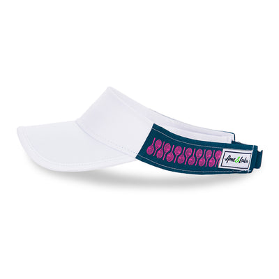 Side view of Navy Pink Racquets Head in the game visor. Front of visor is white and the sides are navy with hot pink racquets printed on the navy.