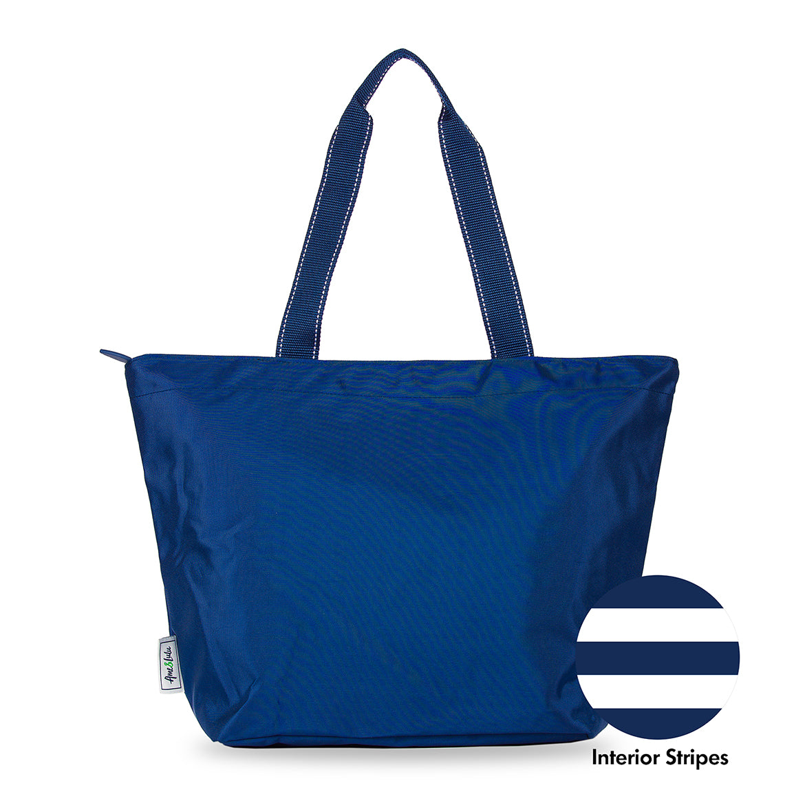 navy nylon tote bag with navy straps with swatch. next to it to show it has navy/white stripe interior