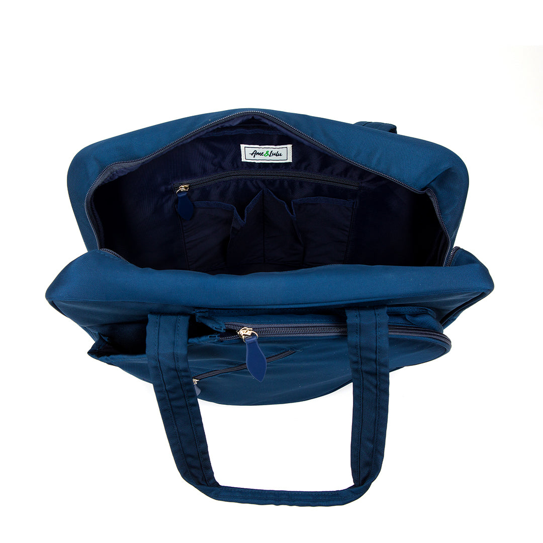 Inside view of navy tennis tote