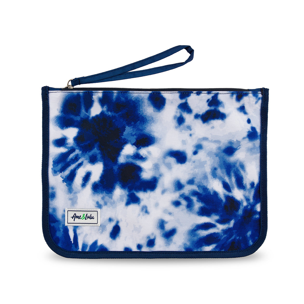 navy tie dye nylon zip pouch with wrist strap